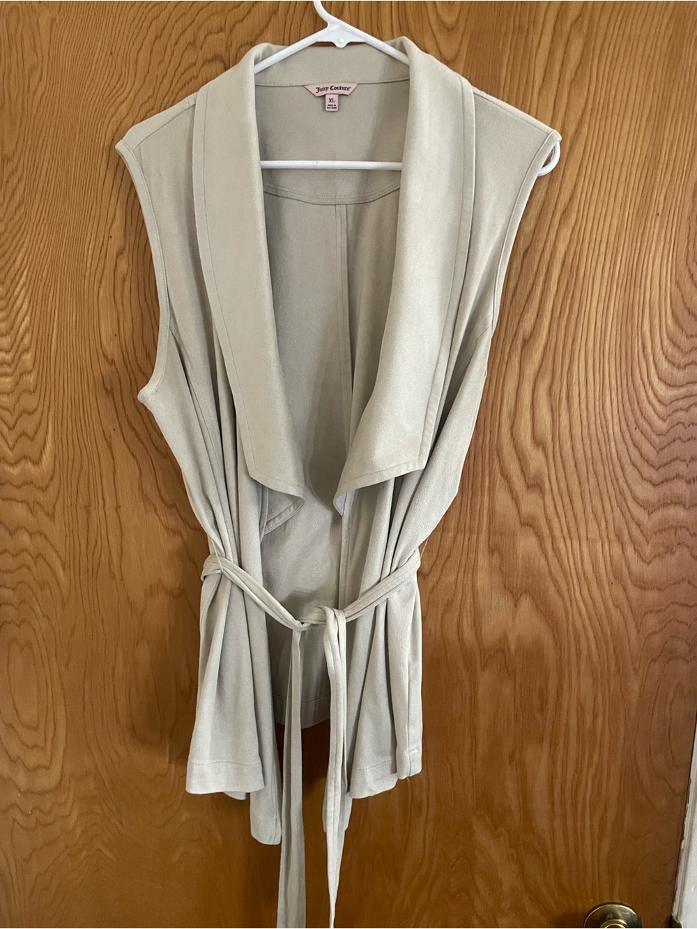 Juicy Couture faux suede sleeveless belted vest with a wide drape collar